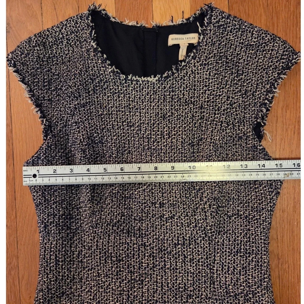 Rebecca Taylor Navy + Cream Confetti Tweed Boucle Fringe Sheath Work Dress Sz 2 - Picture 9 of 13